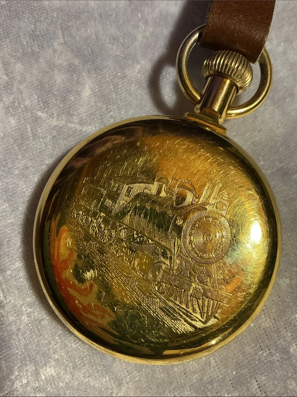 Goldtone Train Pocket Watch with Brown Leather Strap & Fob
